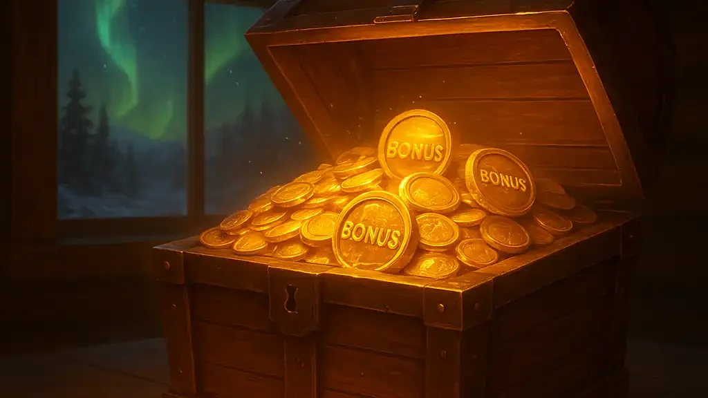 Glowing treasure chest of bonus coins inside the Aurora Lodge casino hall