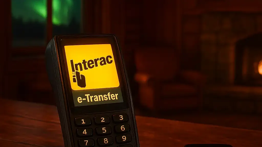 Wooden lodge payment counter with an Interac e-Transfer terminal glowing under aurora light