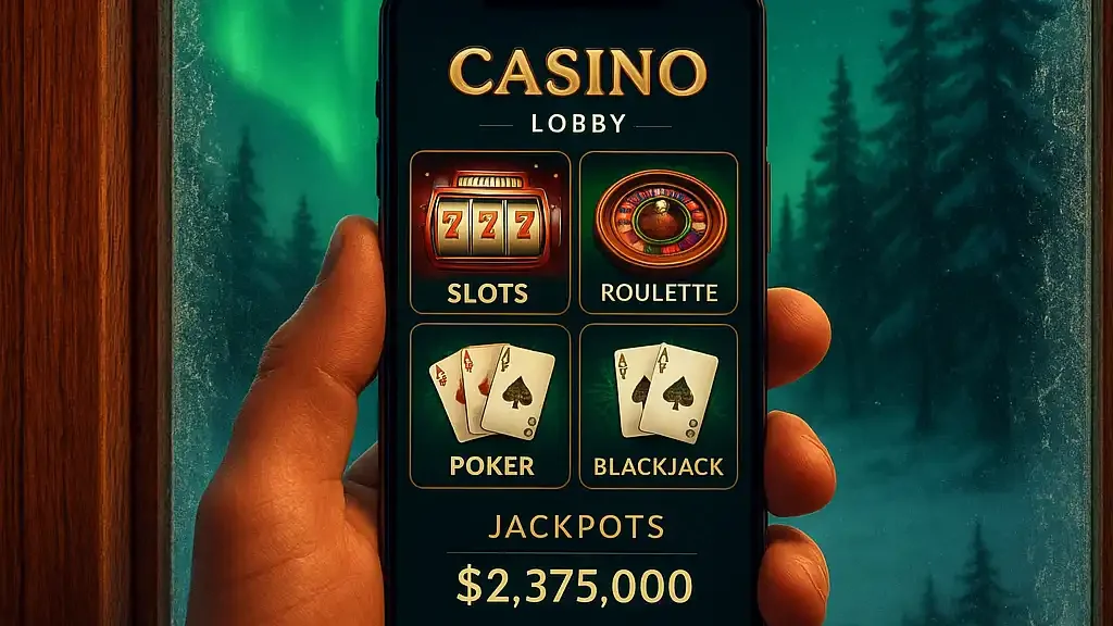 Smartphone showing the 24Magic casino lobby with aurora lights reflected in a lodge window