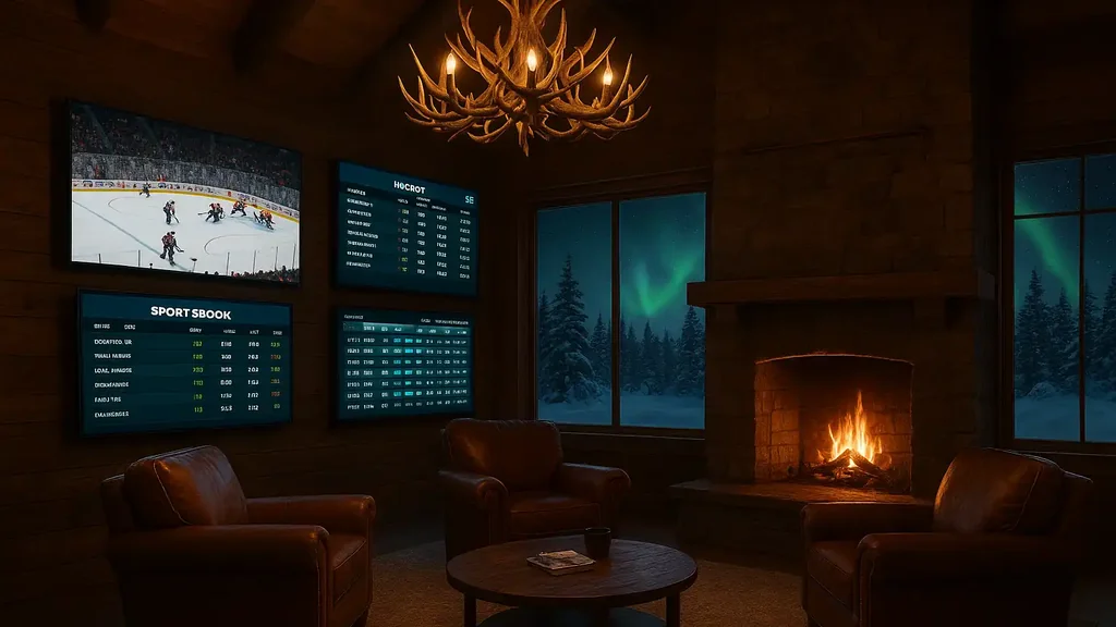Lodge lounge with mounted screens showing live hockey odds beneath antler chandeliers